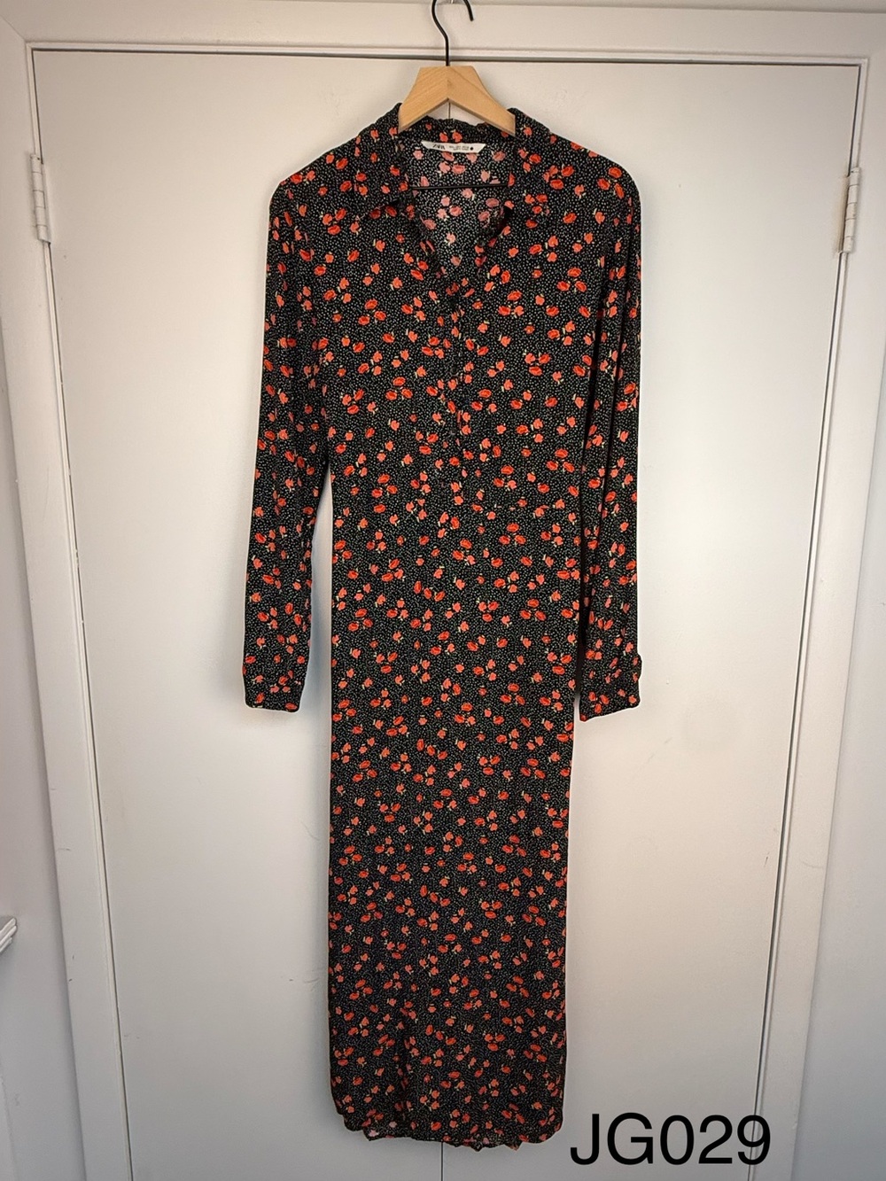 Zara Black Red Floral Printed Shirt Maxi Dress L